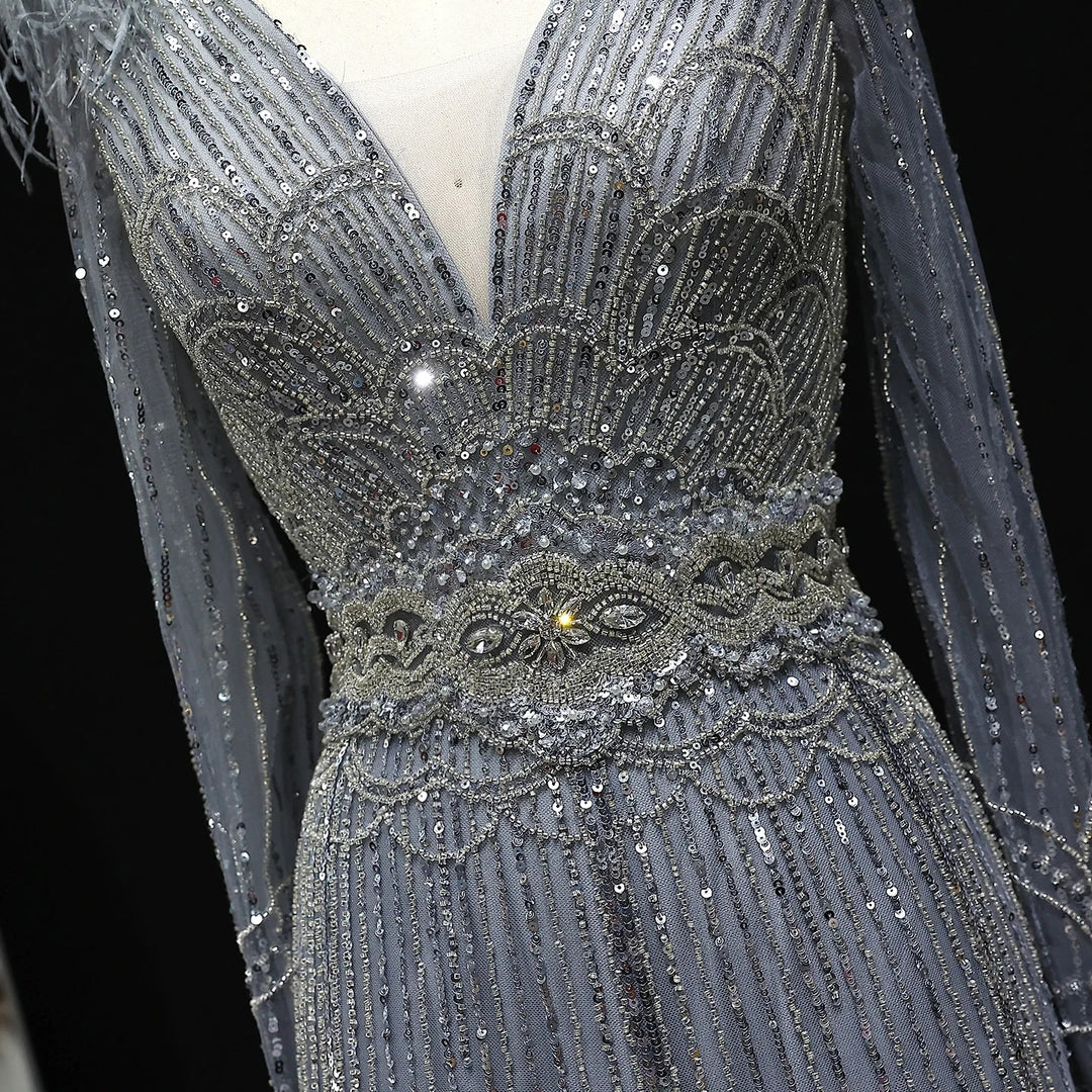 Stunning Crystal Blue Long Sleeves Evening Dress with Feather SS018