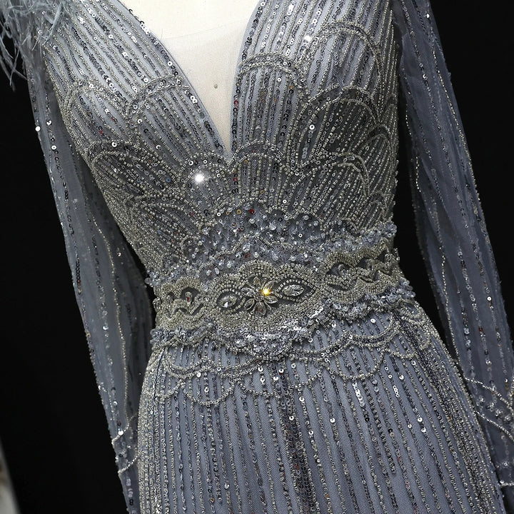 Stunning Crystal Blue Long Sleeves Evening Dress with Feather SS018