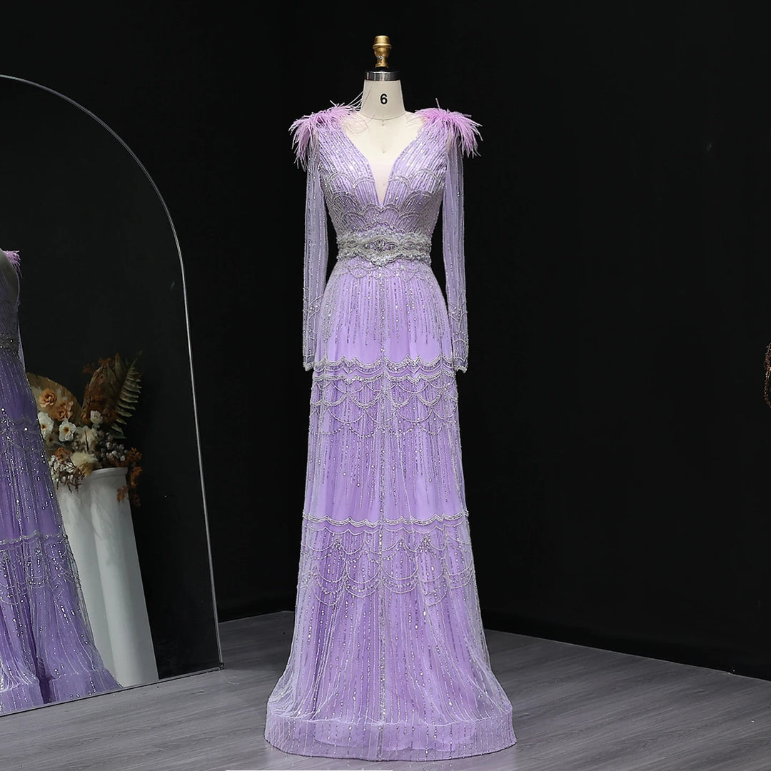 Stunning Crystal Blue Long Sleeves Evening Dress with Feather SS018