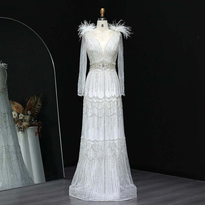 Stunning Crystal Blue Long Sleeves Evening Dress with Feather SS018