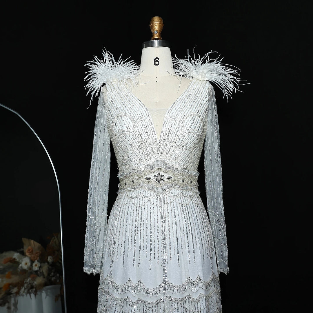Stunning Crystal Blue Long Sleeves Evening Dress with Feather SS018