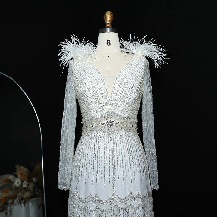Stunning Crystal Blue Long Sleeves Evening Dress with Feather SS018