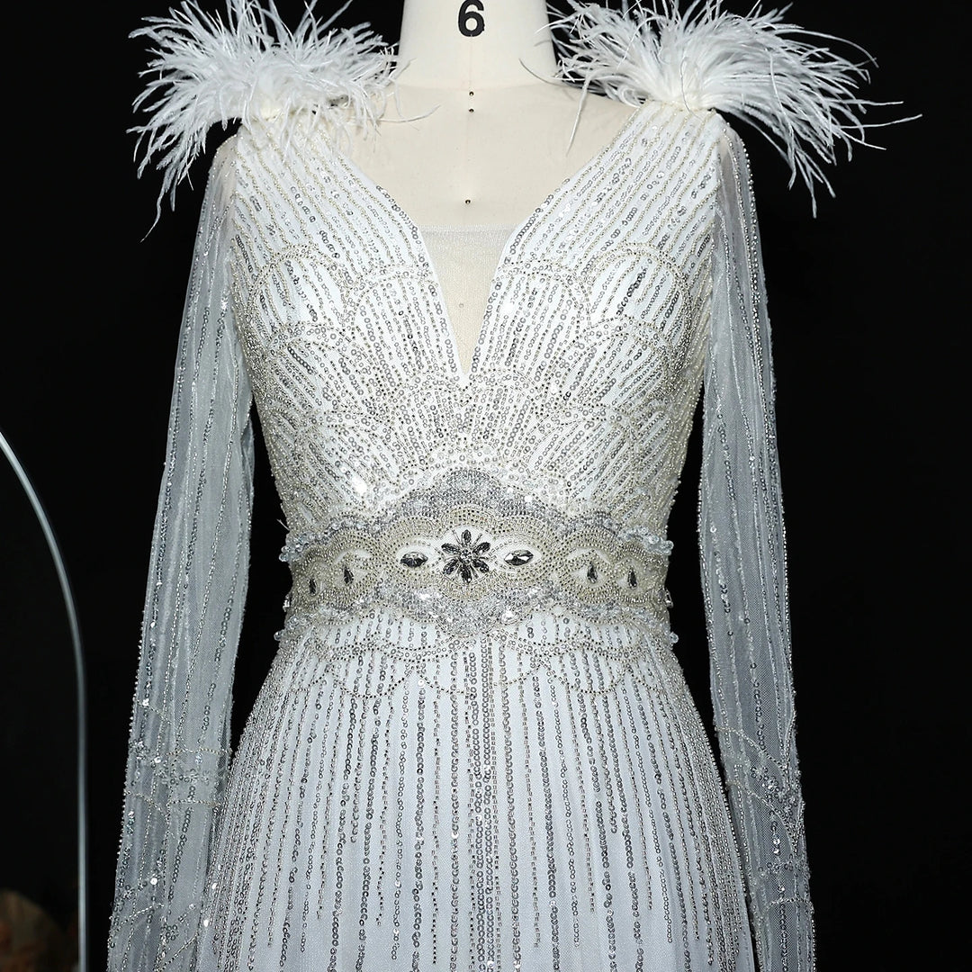 Stunning Crystal Blue Long Sleeves Evening Dress with Feather SS018