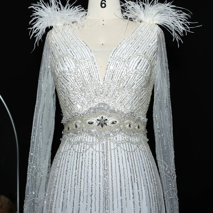 Stunning Crystal Blue Long Sleeves Evening Dress with Feather SS018