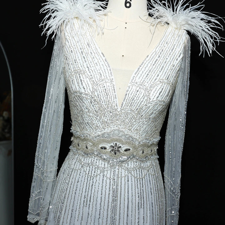 Stunning Crystal Blue Long Sleeves Evening Dress with Feather SS018