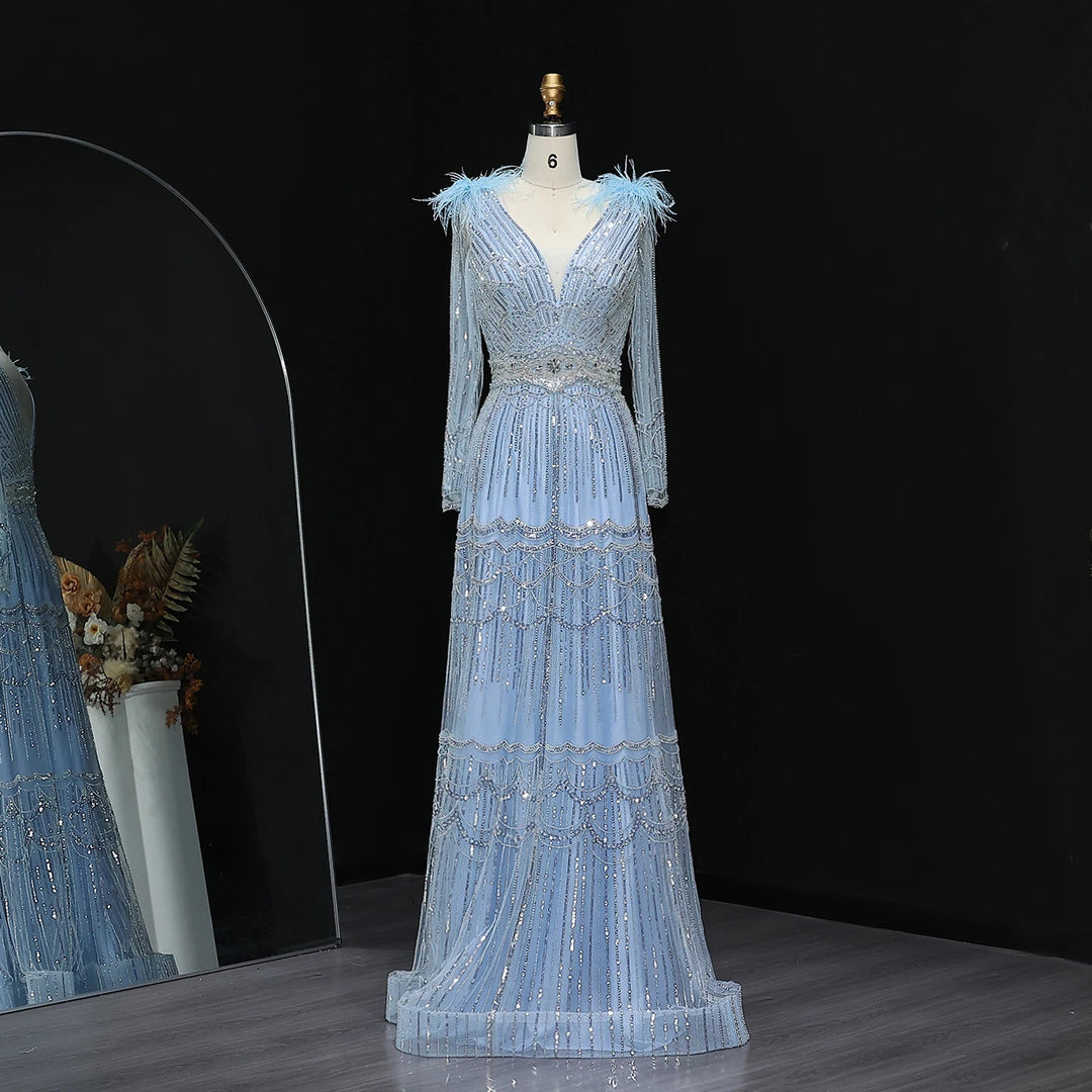 Stunning Crystal Blue Long Sleeves Evening Dress with Feather SS018