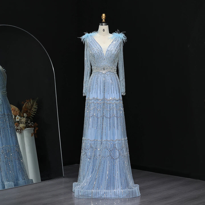 Stunning Crystal Blue Long Sleeves Evening Dress with Feather SS018