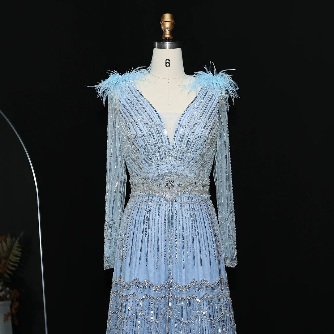 Stunning Crystal Blue Long Sleeves Evening Dress with Feather SS018