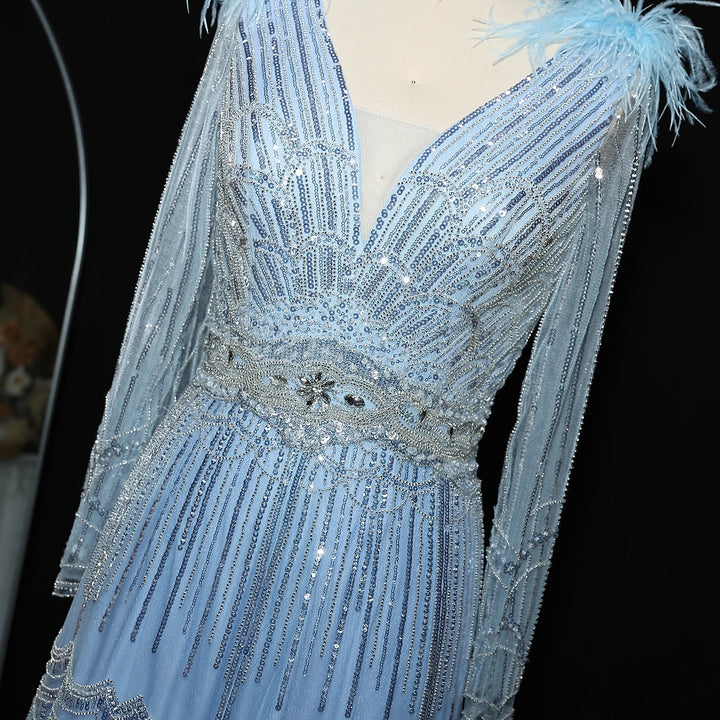 Stunning Crystal Blue Long Sleeves Evening Dress with Feather SS018