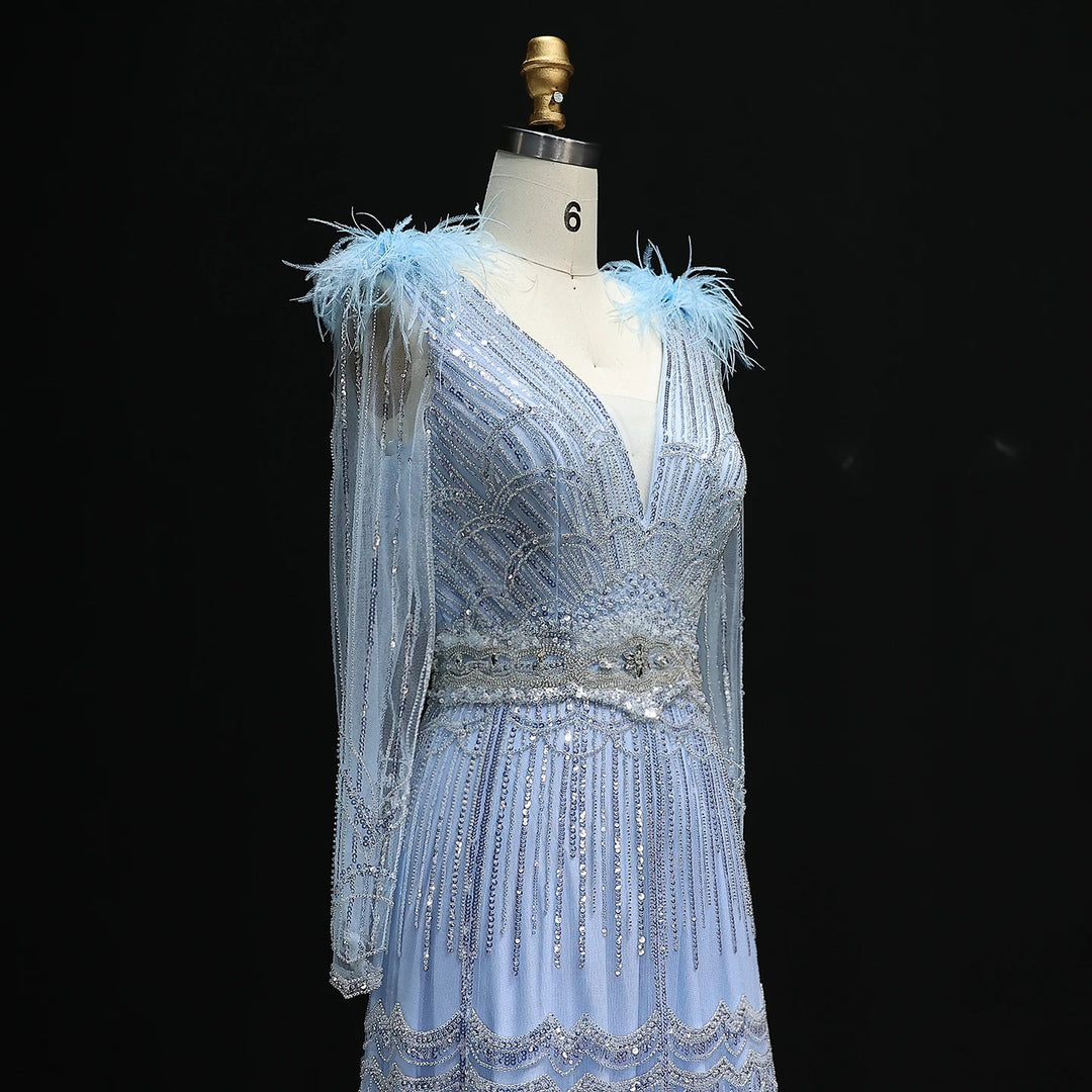 Stunning Crystal Blue Long Sleeves Evening Dress with Feather SS018