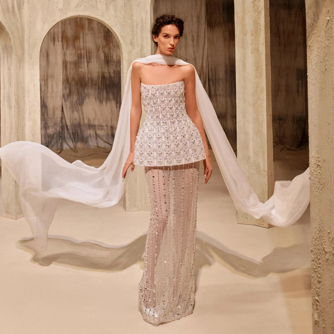 Stunning Strapless Crystal White Evening Dress SS545