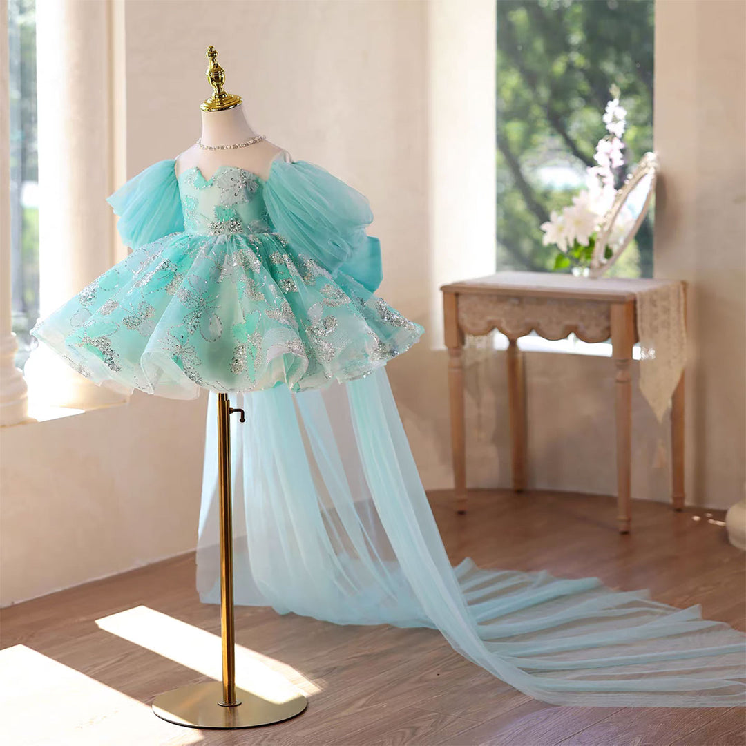 Whimsical Turquoise Flower Girl Dress Puffy Sleeves Knee Length D110