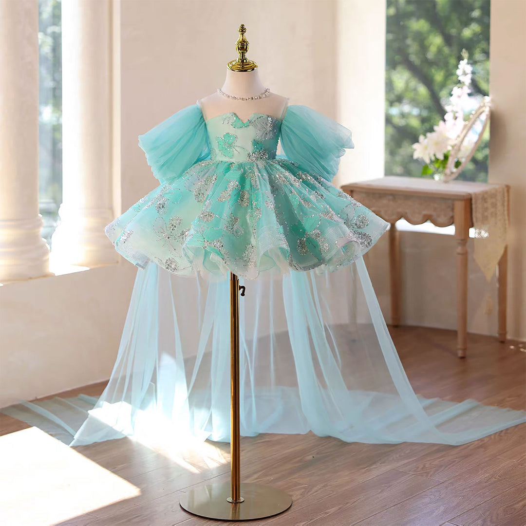 Whimsical Turquoise Flower Girl Dress Puffy Sleeves Knee Length D110 Green / child-6 Whimsical Turquoise Flower Girl Dress Puffy Sleeves Knee Length D110 Green / child-6