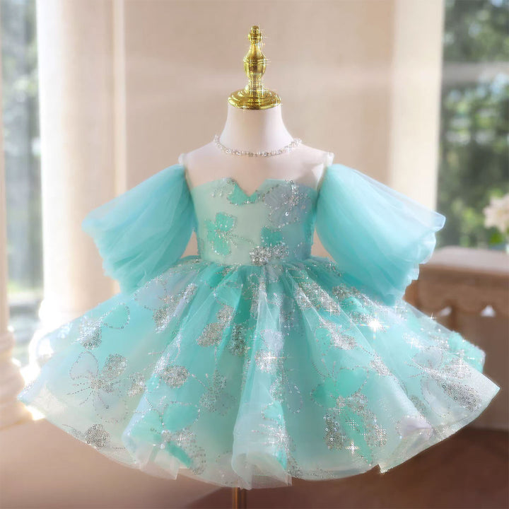 Whimsical Turquoise Flower Girl Dress Puffy Sleeves Knee Length D110