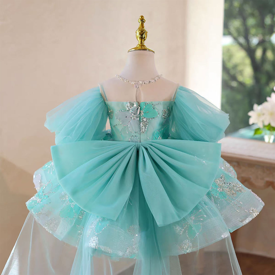 Whimsical Turquoise Flower Girl Dress Puffy Sleeves Knee Length D110