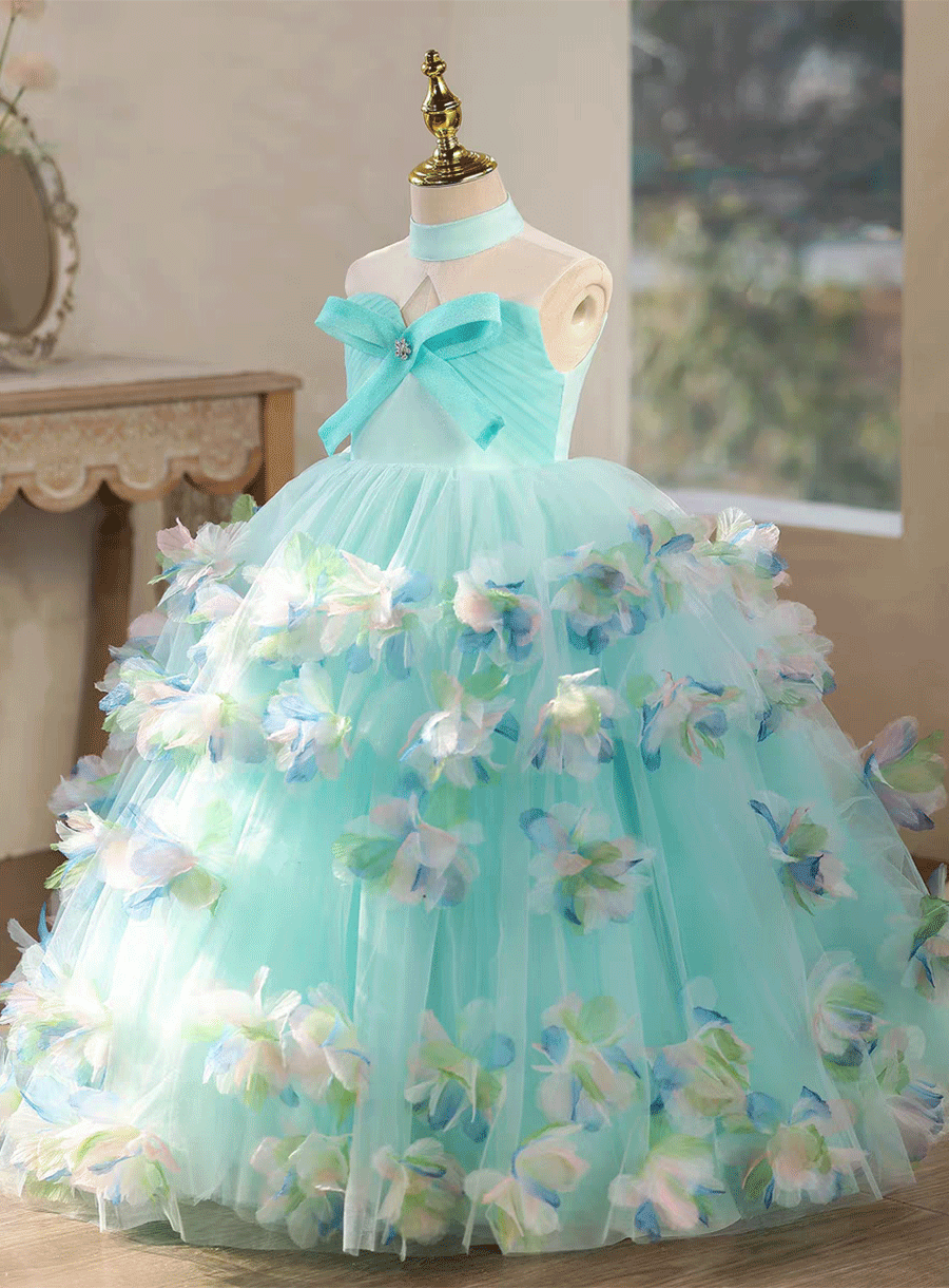 Luxury Turquoise Flower Girl Dress with 3D Floral Appliqué Wedding Party Gown D329