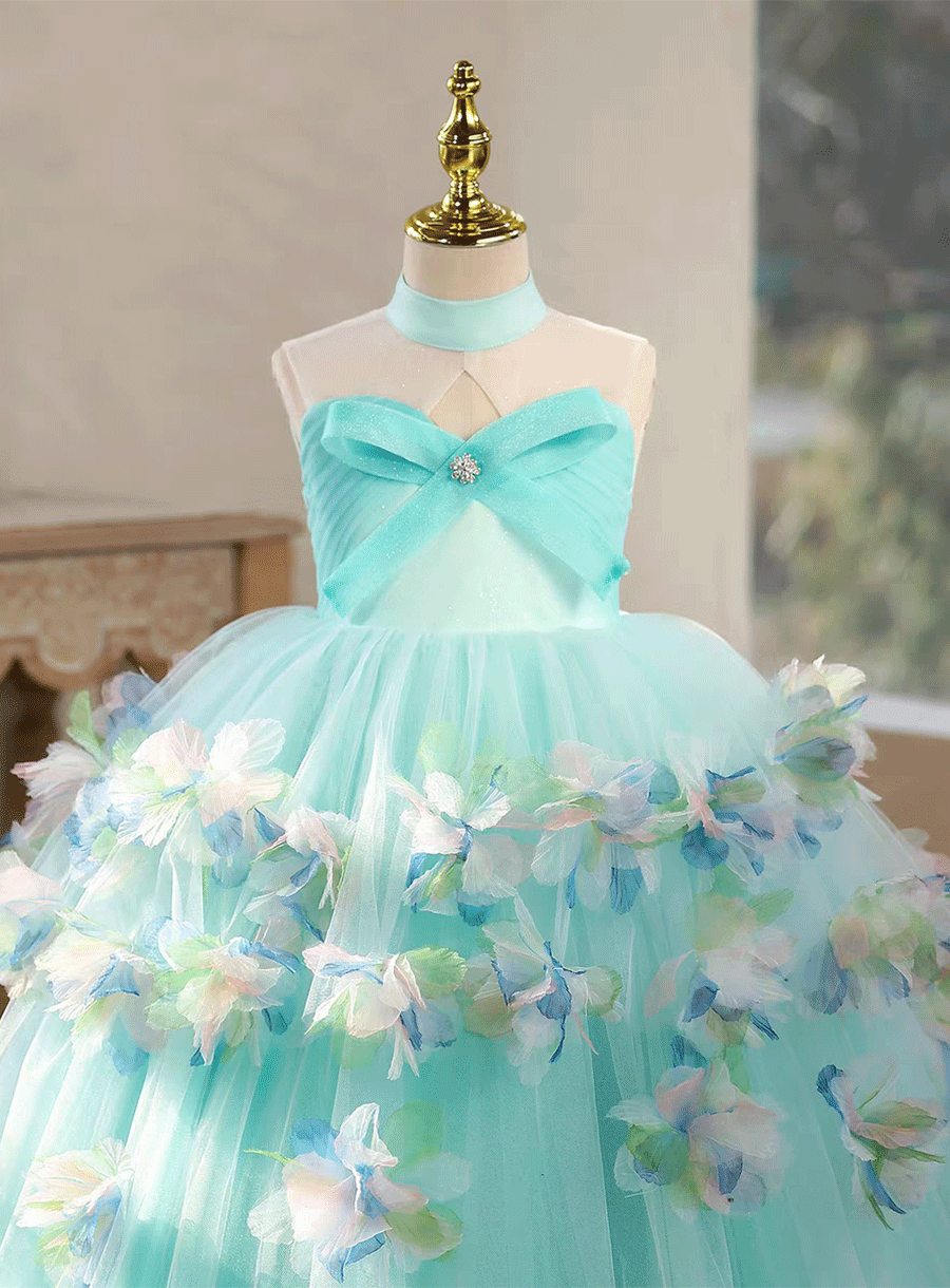 Luxury Turquoise Flower Girl Dress with 3D Floral Appliqué Wedding Party Gown D329