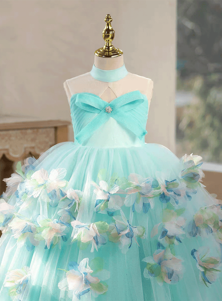 Luxury Turquoise Flower Girl Dress with 3D Floral Appliqué Wedding Party Gown D329