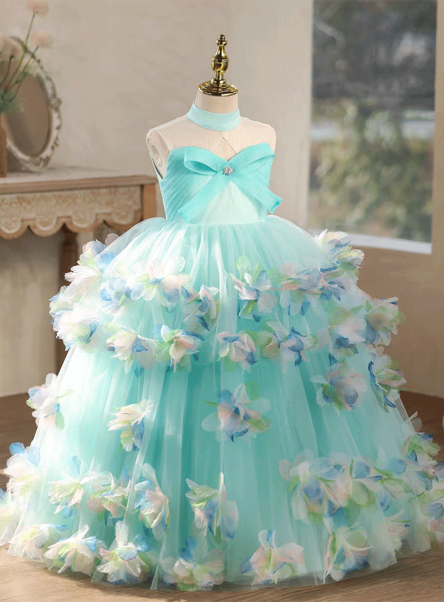 Luxury Turquoise Flower Girl Dress with 3D Floral Appliqué Wedding Party Gown D329