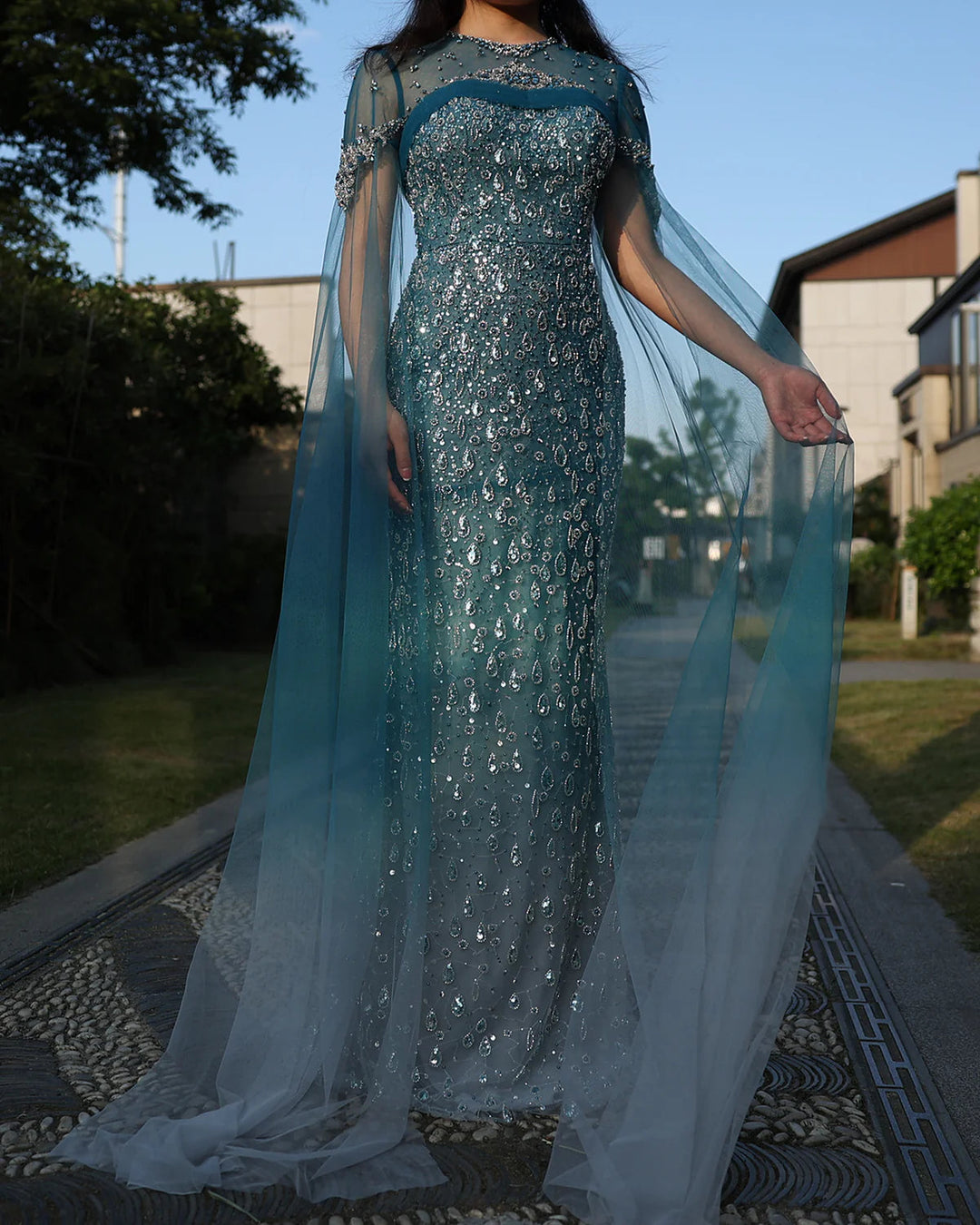 Turquoise Crystal Mermaid Dubai Evening Dresses with Cape Sleeves SS666
