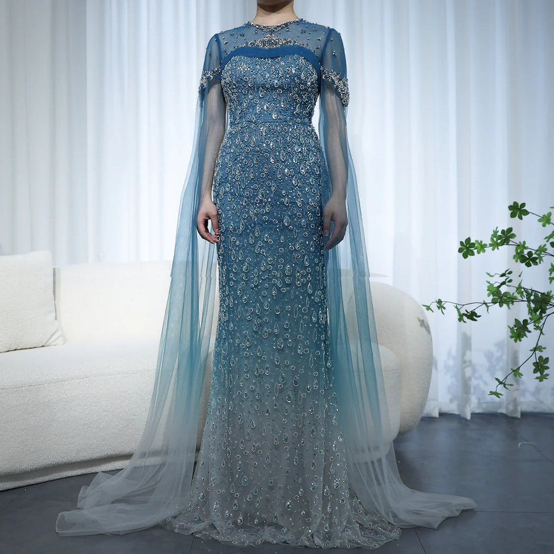 Turquoise Crystal Mermaid Dubai Evening Dresses with Cape Sleeves SS666