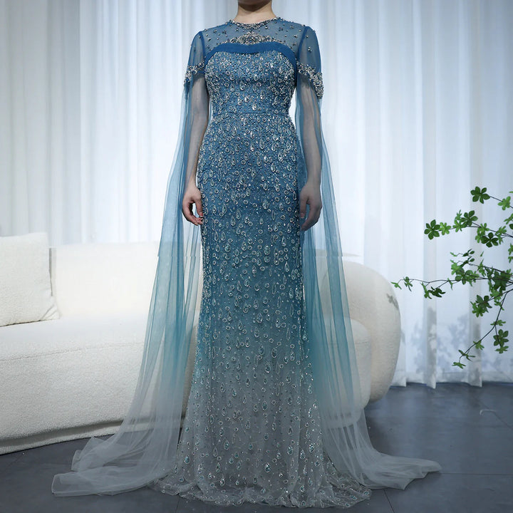 Turquoise Crystal Mermaid Dubai Evening Dresses with Cape Sleeves SS666