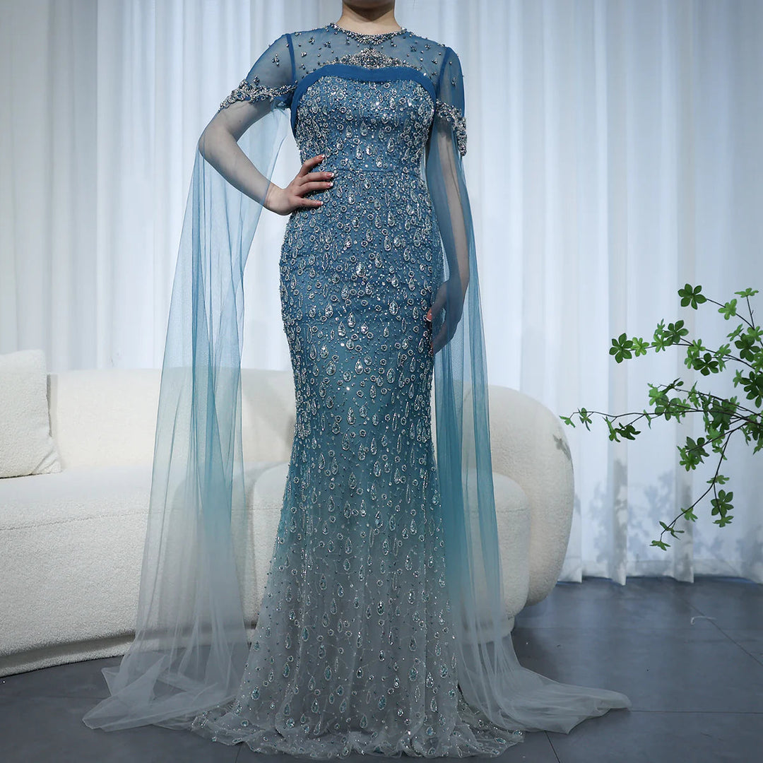 Turquoise Crystal Mermaid Dubai Evening Dresses with Cape Sleeves SS666