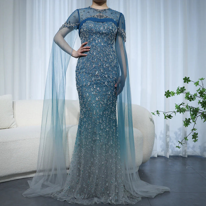 Turquoise Crystal Mermaid Dubai Evening Dresses with Cape Sleeves SS666