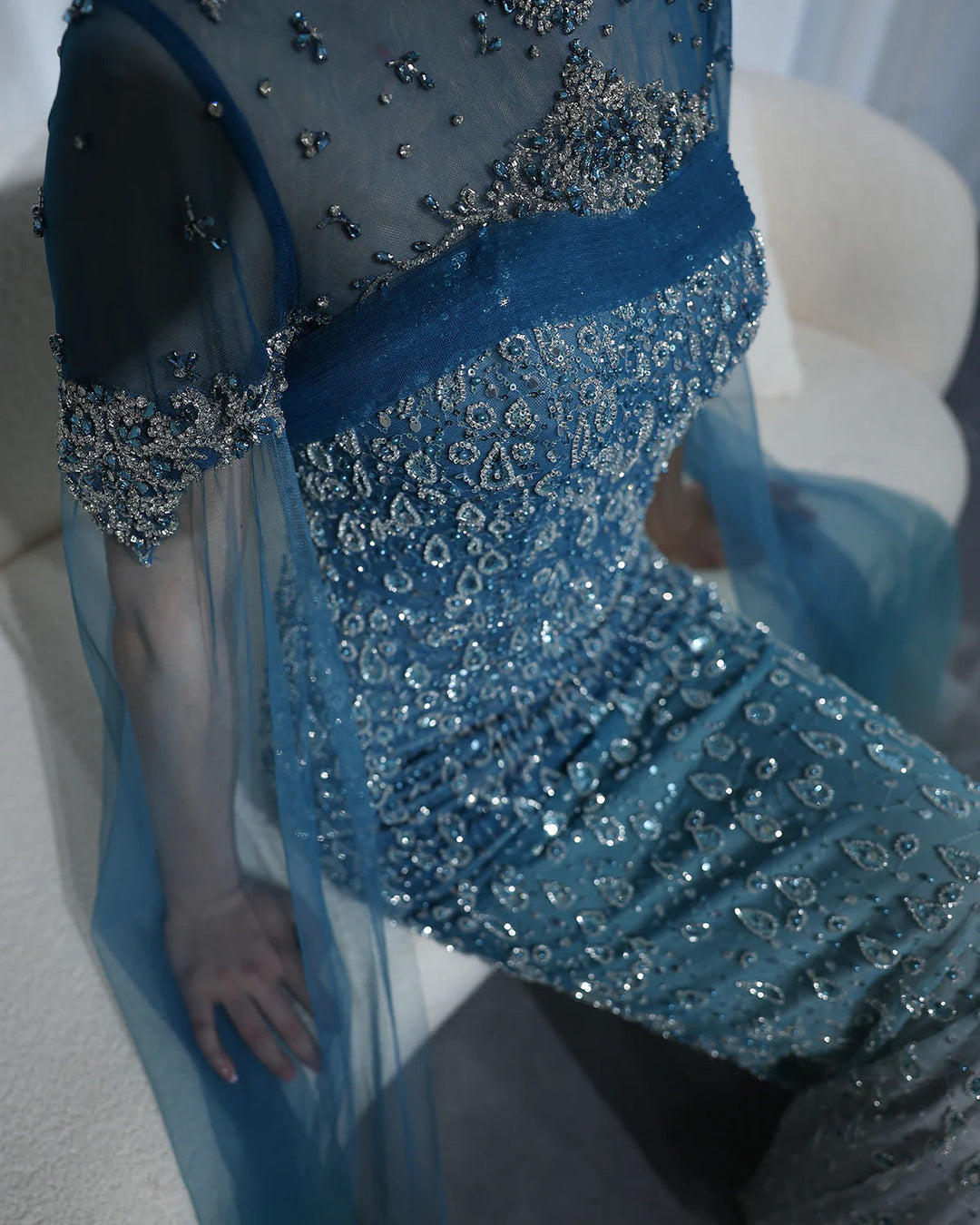 Turquoise Crystal Mermaid Dubai Evening Dresses with Cape Sleeves SS666