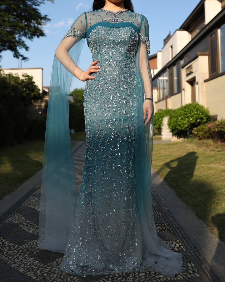 Turquoise Crystal Mermaid Dubai Evening Dresses with Cape Sleeves SS666
