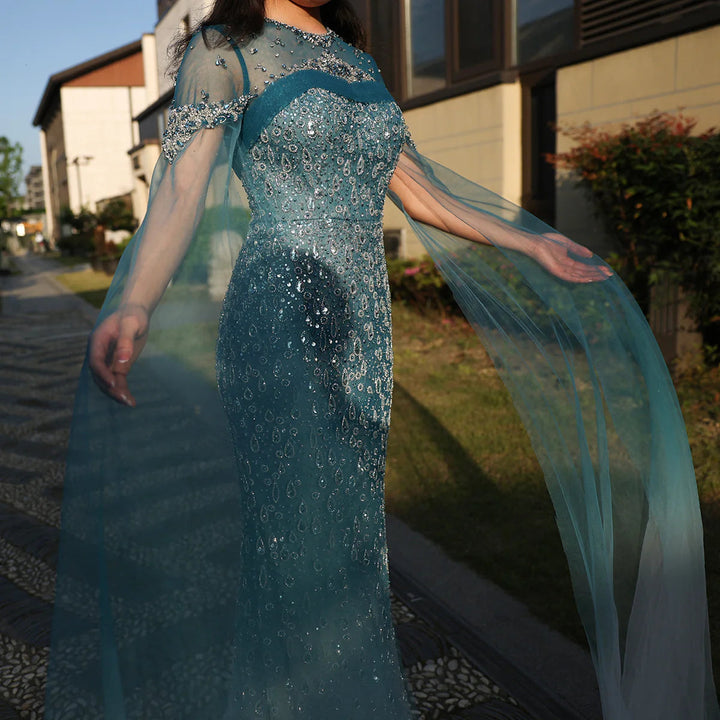 Turquoise Crystal Mermaid Dubai Evening Dresses with Cape Sleeves SS666