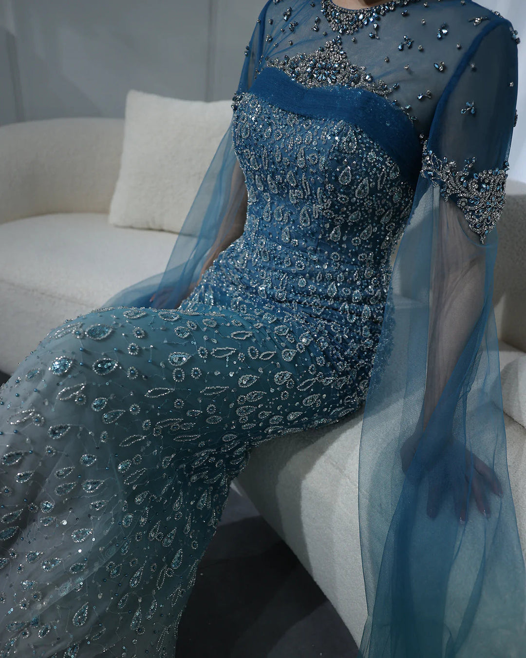 Turquoise Crystal Mermaid Dubai Evening Dresses with Cape Sleeves SS666 Turquoise / 4 Turquoise Crystal Mermaid Dubai Evening Dresses with Cape Sleeves SS666 Turquoise / 4