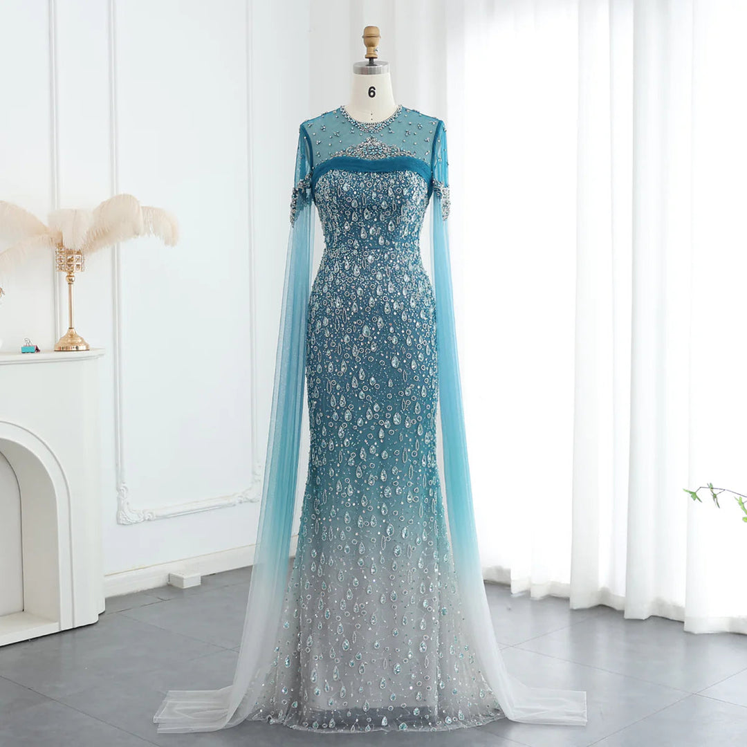Turquoise Crystal Mermaid Dubai Evening Dresses with Cape Sleeves SS66 DreamyVow Turquoise Crystal Mermaid Dubai Evening Dresses with Cape Sleeves SS66 DreamyVow