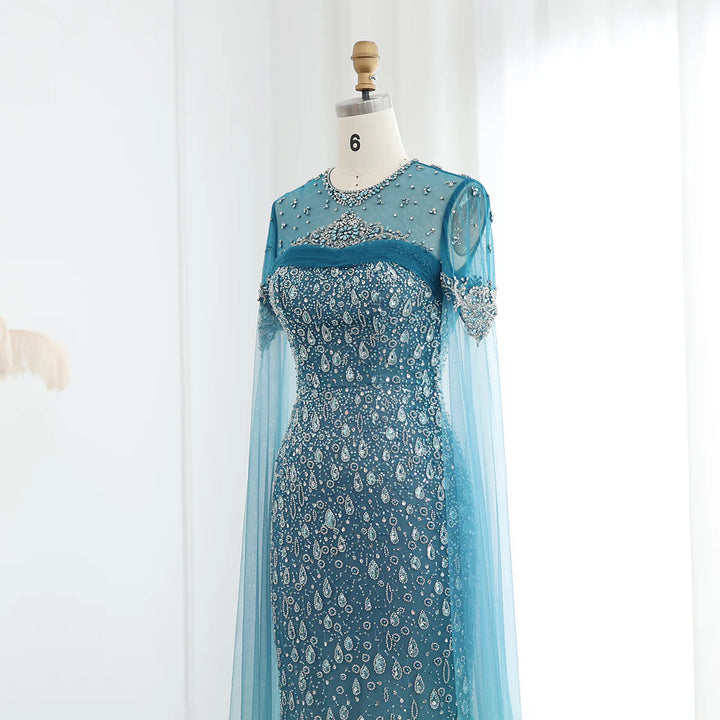 Turquoise Crystal Mermaid Dubai Evening Dresses with Cape Sleeves SS666