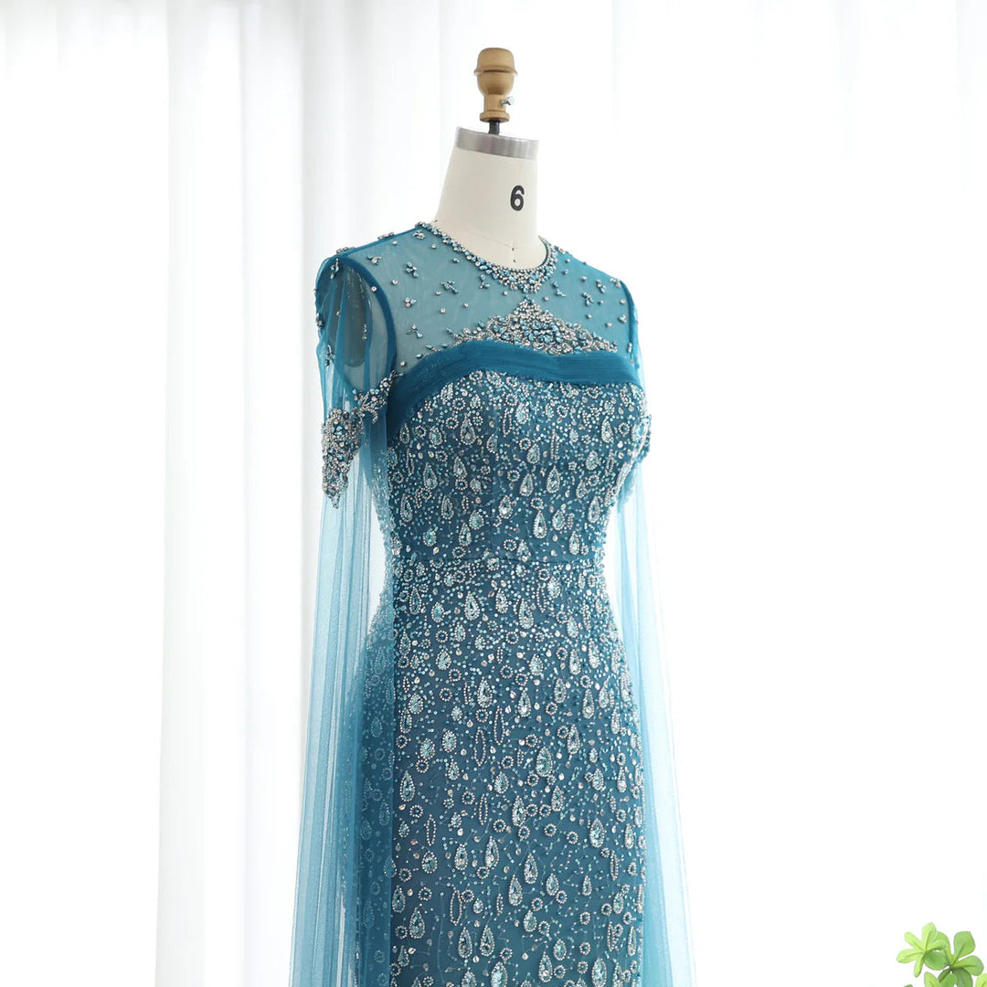 Turquoise Crystal Mermaid Dubai Evening Dresses with Cape Sleeves SS666 Turquoise / 4 Turquoise Crystal Mermaid Dubai Evening Dresses with Cape Sleeves SS666 Turquoise / 4