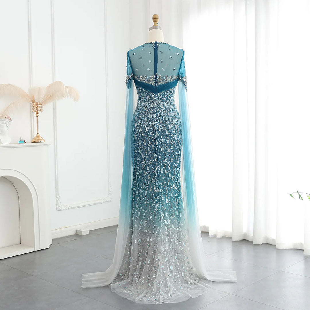Turquoise Crystal Mermaid Dubai Evening Dresses with Cape Sleeves SS666 Turquoise / 4 Turquoise Crystal Mermaid Dubai Evening Dresses with Cape Sleeves SS666 Turquoise / 4