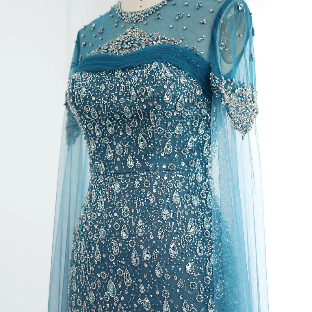 Turquoise Crystal Mermaid Dubai Evening Dresses with Cape Sleeves SS666