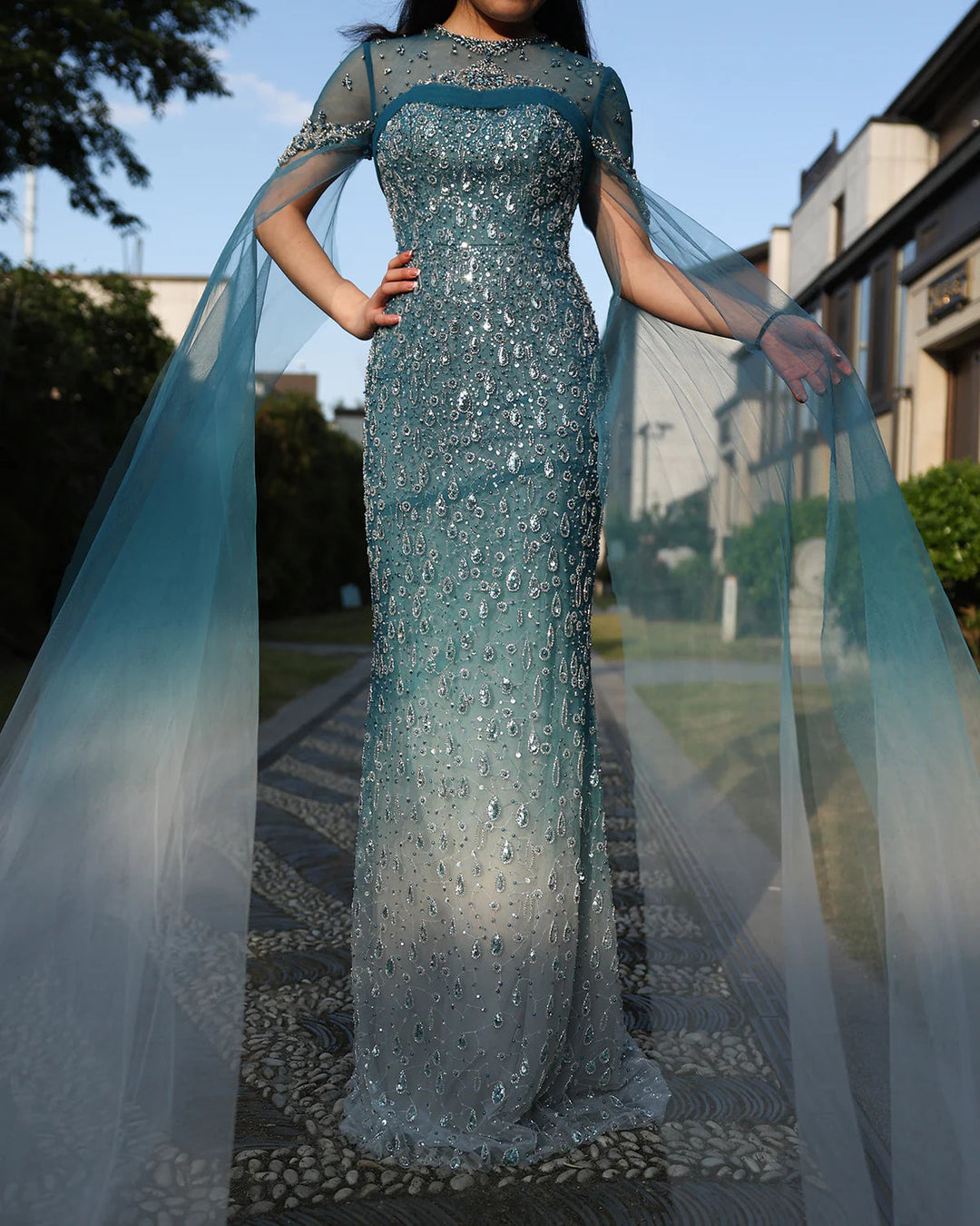Turquoise Crystal Mermaid Dubai Evening Dresses With Cape Sleeves SS666 Turquoise / 18 Turquoise Crystal Mermaid Dubai Evening Dresses With Cape Sleeves SS666 Turquoise / 18