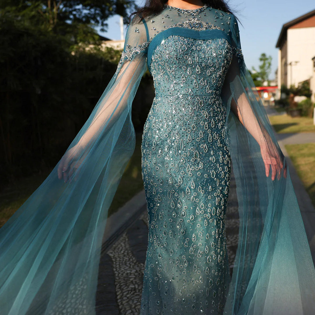 Turquoise Crystal Mermaid Dubai Evening Dresses with Cape Sleeves SS66 DreamyVow Turquoise Crystal Mermaid Dubai Evening Dresses with Cape Sleeves SS66 DreamyVow