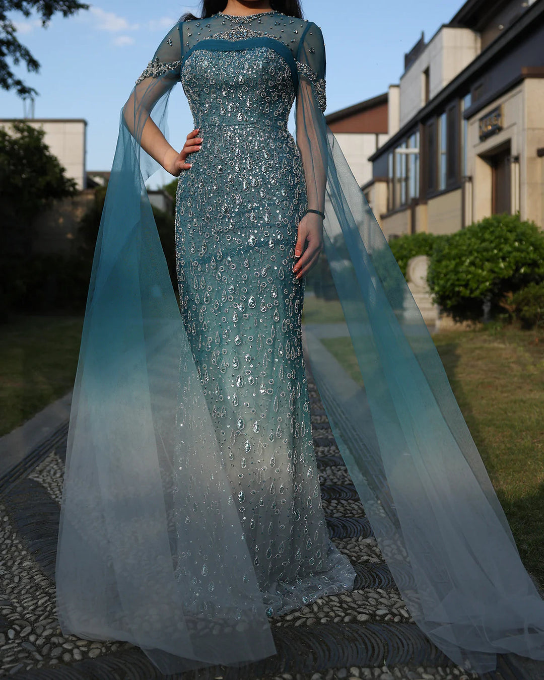 Turquoise Crystal Mermaid Dubai Evening Dresses with Cape Sleeves SS666 Turquoise / 18 Turquoise Crystal Mermaid Dubai Evening Dresses with Cape Sleeves SS666 Turquoise / 18