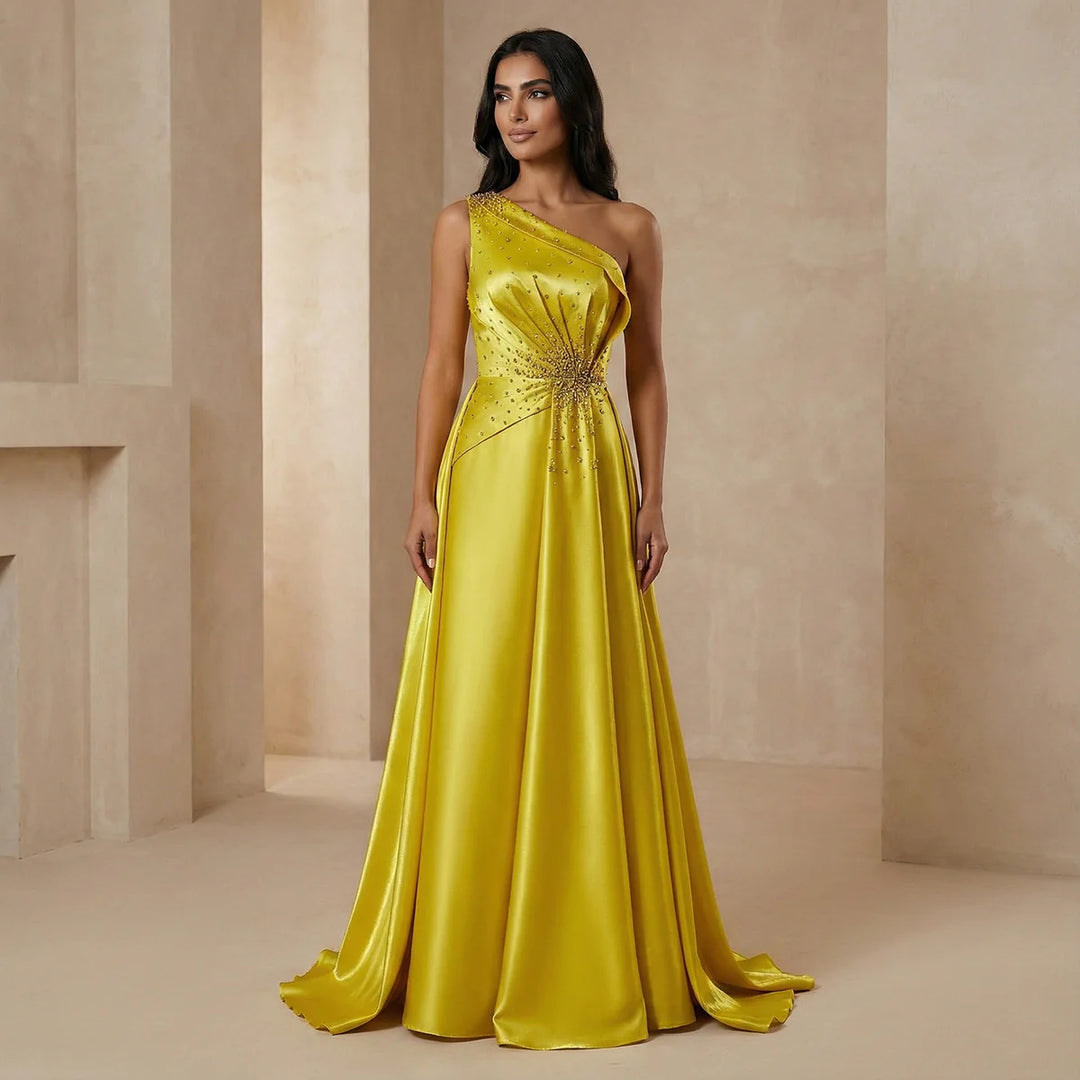 Vibrant Yellow Satin Sequin Evening Dress with Overskirt XD049 Yellow / 6