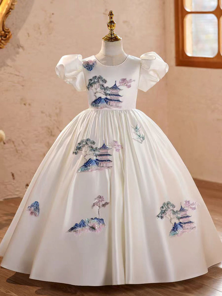 White Girls Princess with Beaded Pagoda Embroidery Puff Sleeves J607