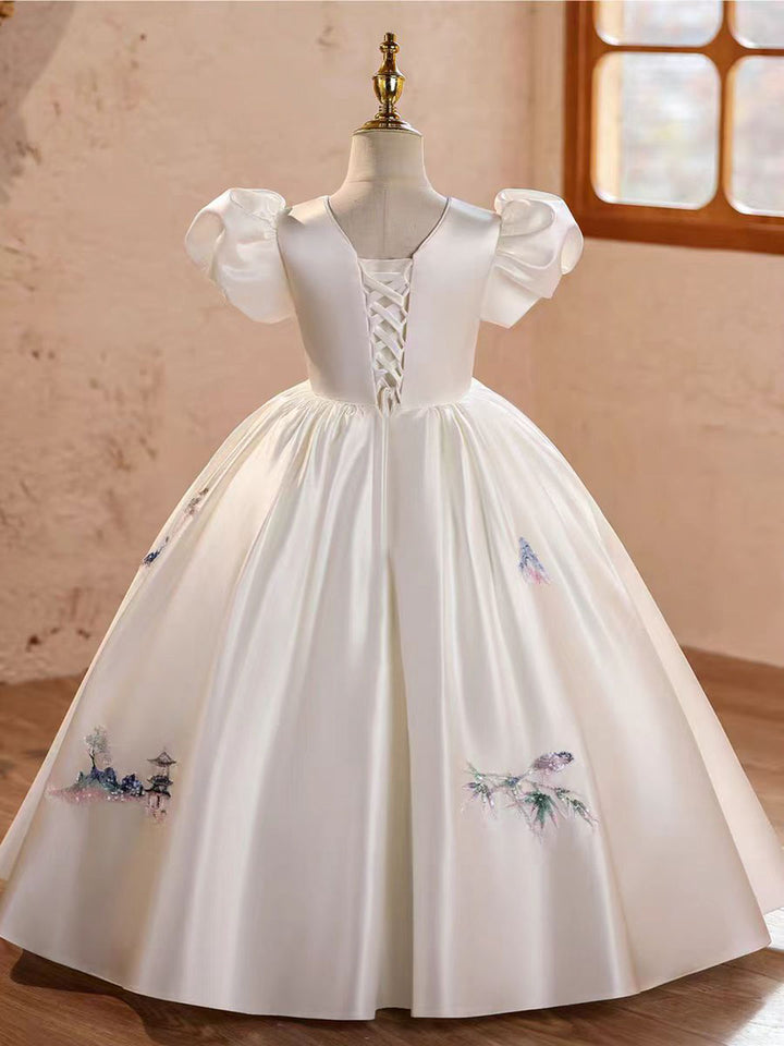 White Girls Princess with Beaded Pagoda Embroidery Puff Sleeves J607