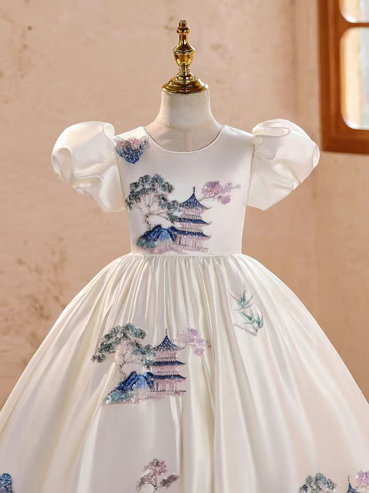 White Girls Princess with Beaded Pagoda Embroidery Puff Sleeves J607