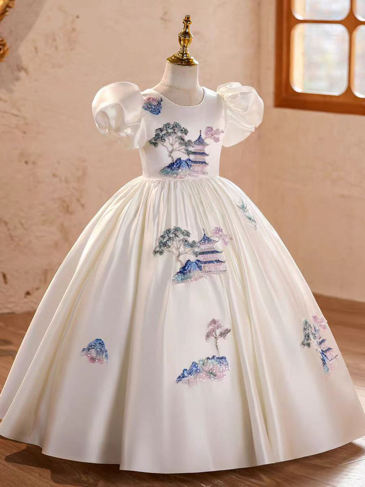 White Girls Princess with Beaded Pagoda Embroidery Puff Sleeves J607