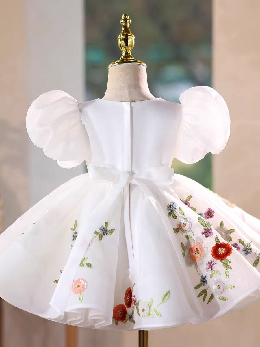 Elegant White Floral Applique Birthday Party Dress D210