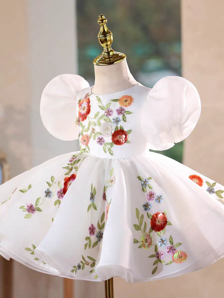 Elegant White Floral Applique Birthday Party Dress D210