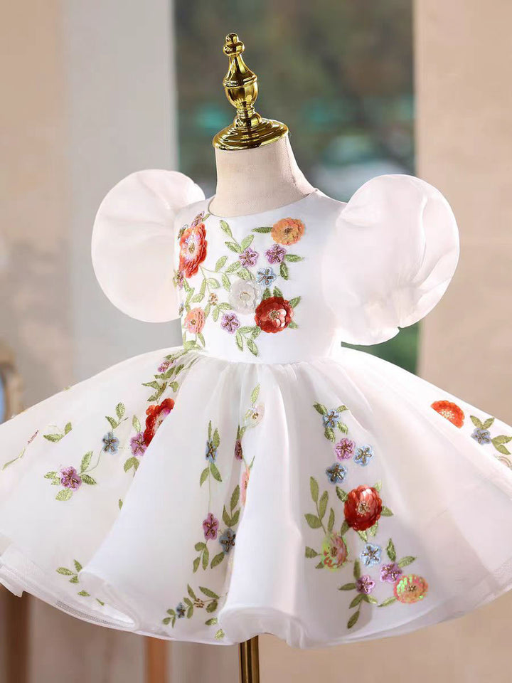 Elegant White Floral Applique Birthday Party Dress D210