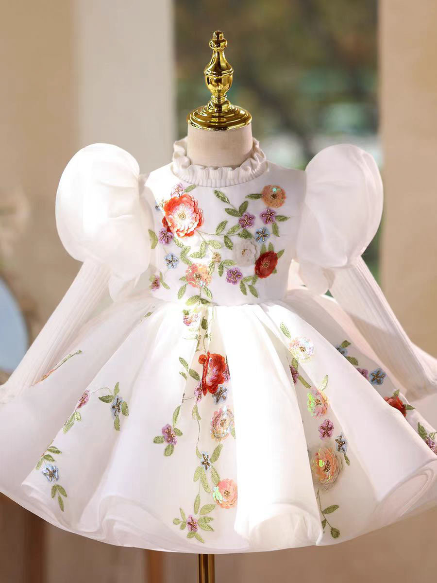 Elegant White Floral Applique Birthday Party Dress D210