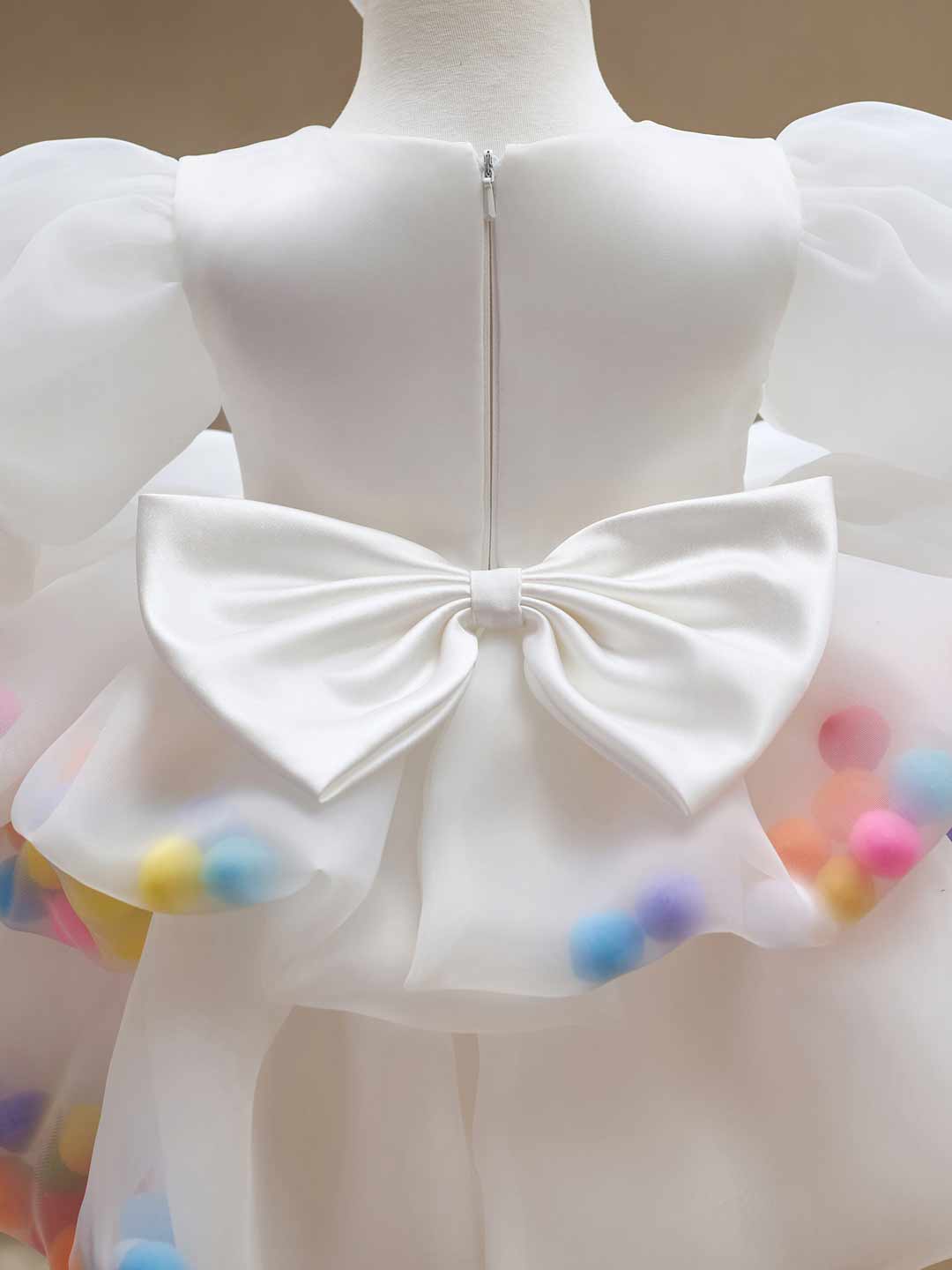 Colorful Pom Pom Puff Sleeve Girls Birthday Dress J510